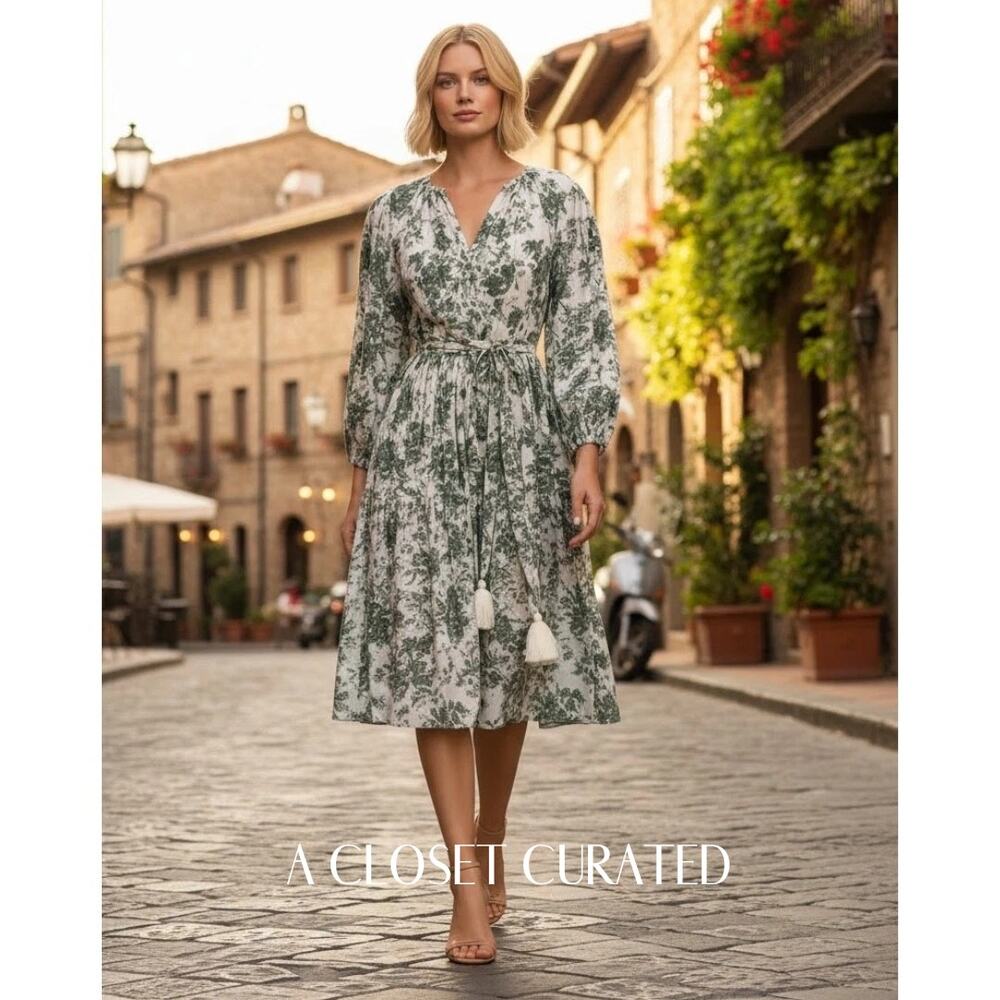 Mille Marlo Midi Dress XS Green Bouquet Cotton Boho Chic NWT